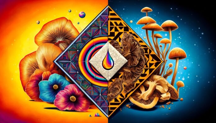Ilustracja przedstawiająca porównanie LSD i grzybów psylocybinowych na tle psychodelicznych wzorów. Po lewej stronie widoczny blotter papier z kroplą LSD i geometrycznymi wzorami, po prawej suszone grzyby psylocybinowe w naturalnych, ziemistych kolorach.