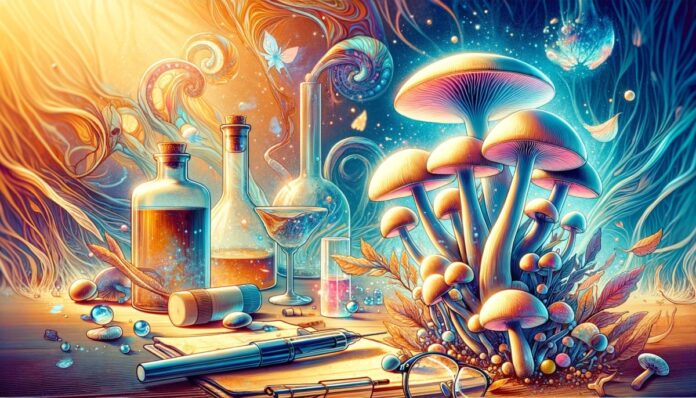 Ilustracja przedstawiająca psylocybinowe grzyby z elementami związanymi z alkoholem w tle, symbolizująca skuteczność psylocybiny w leczeniu uzależnienia od alkoholu