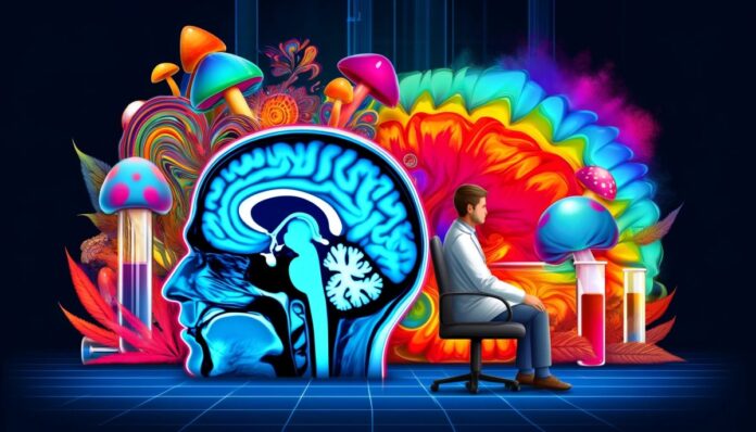 Obraz przedstawiający badanie mózgu za pomocą MRI z elementami psychodelików, w tym kolorowe grzyby i abstrakcyjne wzory, w nowoczesnym laboratorium badawczym.