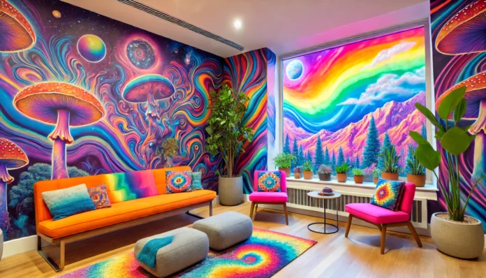 Kolorowy i surrealistyczny pokój terapeutyczny w Kolorado, inspirowany wizjami psylocybinowymi, z abstrakcyjnymi wzorami, żywymi kolorami i widokiem na góry w psychodelicznej interpretacji.