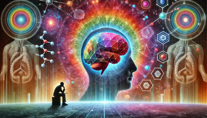 Ilustracja przedstawiająca mózg otoczony kolorowymi geometrycznymi wzorami symbolizującymi neuroplastyczność i efekty psychodeliczne DMT, na tle elementów naukowych, takich jak cząsteczki i sylwetka badacza obserwującego skan mózgu.