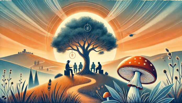 Ilustracja przedstawiająca wschód słońca nad wzgórzami Kalifornii z symbolicznym grzybem psylocybinowym na pierwszym planie. W tle weterani uczestniczący w sesji terapeutycznej pod dużym dębem. Obraz oddaje atmosferę nadziei i uzdrowienia.