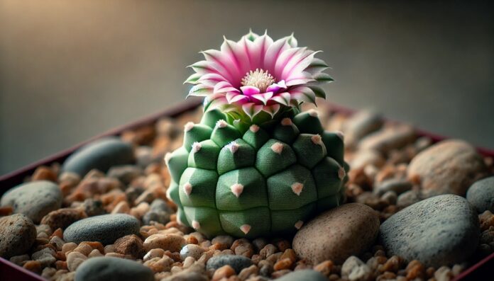 Zbliżenie na pejotl (Lophophora williamsii) z delikatnym różowo-białym kwiatem na szczycie. Zielony, bezkolcowy kaktus otoczony jest małymi, gładkimi kamieniami w naturalnym otoczeniu