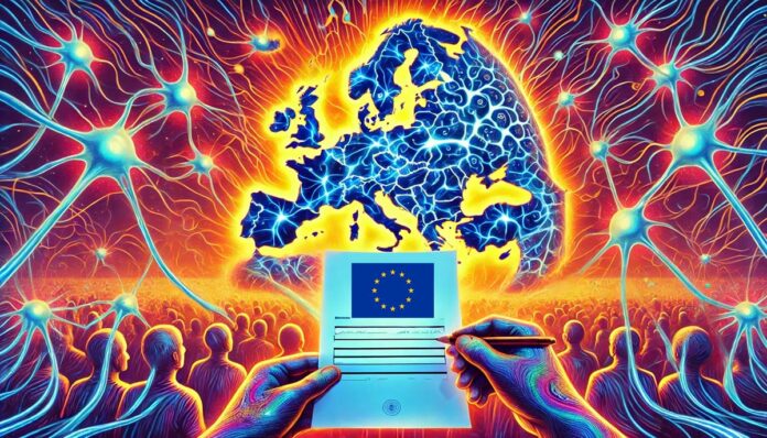 ilustracja przedstawiająca terapię psychodeliczną w Unii Europejskiej – świecąca mapa Europy z połączonymi szlakami neuronowymi, symbolizująca postęp naukowy i zdrowie psychiczne. Na pierwszym planie ręka trzyma formularz petycji z napisem „PsychedeliCare - Twój podpis może zmienić przyszłość!”, otoczony żywymi, psychodelicznymi kolorami.