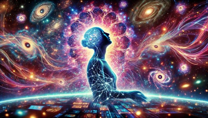 Surrealistyczna ilustracja przedstawiająca mistyczne doświadczenie orgazmu. Sylwetka człowieka rozpuszcza się w świetlistych fraktalach i energiach, symbolizując połączenie między orgazmem, świadomością i DMT. W tle kosmiczne galaktyki i mistyczne symbole.