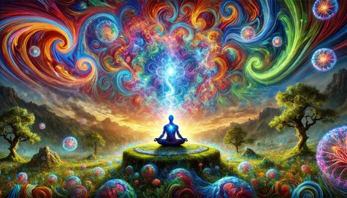 Osoba medytująca w otoczeniu kolorowych, psychodelicznych wzorów i świetlistych fraktali, symbolizujących połączenie medytacji i doświadczeń psychodelicznych.