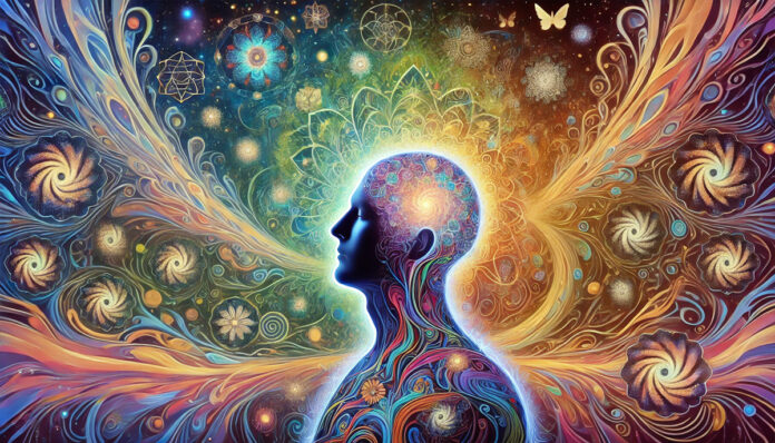 Ilustracja symboliczna przedstawiająca rozpad ego pod wpływem psychodelików, z kolorowymi wzorami, naturą i kosmosem w tle, symbolizująca rozszerzoną moralność.
