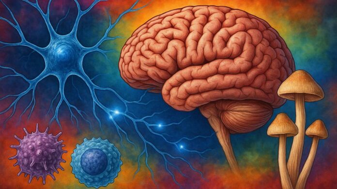 Realistyczna ilustracja przedstawiająca mózg, neurony, grzyby psychodeliczne i komórki układu odpornościowego na psychodelicznym tle.