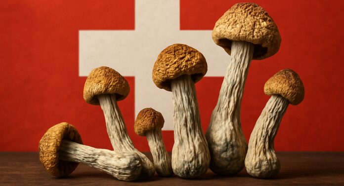 Suszone grzyby psylocybinowe na tle flagi Szwajcarii, symbolizujące terapię psychodeliczną w leczeniu depresji.