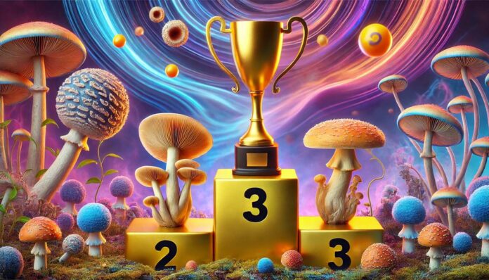 Złoty puchar na podium z najmocniejszymi odmianami grzybów psylocybinowych: Tidal Wave (1. miejsce), Albino Penis Envy (2. miejsce) i Penis Envy (3. miejsce), na tle psychodelicznego krajobrazu z wirującymi światłami i fluorescencyjnymi detalami.