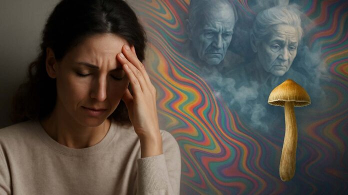 Kobieta z zamyśloną twarzą trzyma się za głowę, obok niej widoczne sylwetki starszych osób i psylocybinowy grzyb na tle psychodelicznych wzorów, symbolizujące uzdrawianie traumy międzypokoleniowej za pomocą psychodelików.