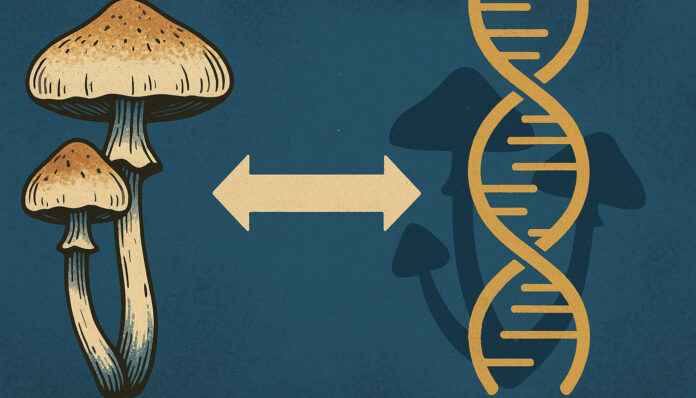 Ilustracja grzybów psylocybinowych po lewej i helisy DNA po prawej – symbol dwóch niezależnych dróg ewolucyjnych produkcji psylocybiny