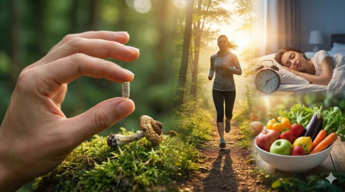 Ręka trzyma kapsułkę z mikrodawką obok grzyba psylocybinowego w lesie. W tle widać kobietę uprawiającą jogging, osobę śpiącą oraz miskę ze zdrowymi owocami i warzywami, co symbolizuje wpływ mikrodawkowania na poprawę jakości życia i zdrowe nawyki.