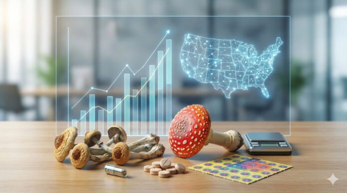 Suszone grzyby psylocybinowe, Amanita muscaria i kapsułki do mikrodawkowania psylocybiny, LSD i MDMA na tle cyfrowego wykresu i mapy USA, ilustrujące najpopularniejsze substancje psychodeliczne - dane z raportu RAND 2025