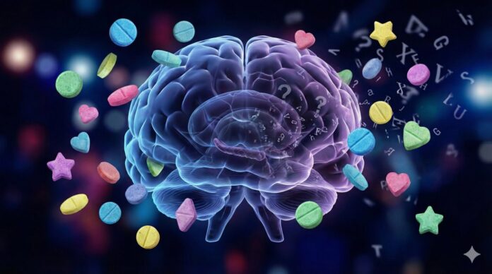 Ilustracja mózgu otoczonego kolorowymi tabletkami MDMA i ecstasy, symbolizująca trwałe problemy z pamięcią i uczeniem się po zażyciu narkotyku.