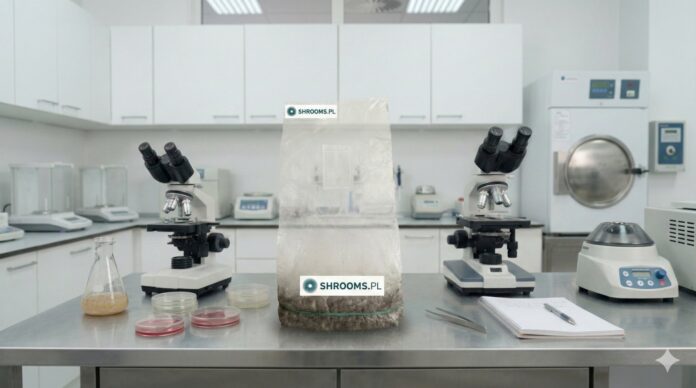 Zbliżenie na growkit Shrooms z grzybnią i filtrem na metalowym stole w profesjonalnym laboratorium. Wokół worka widać mikroskopy, szalki Petriego i notebook, na tle białych mebli laboratoryjnych.