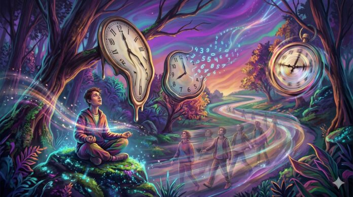Surrealistyczna ilustracja przedstawiająca zaburzenia postrzegania czasu po psychodelikach, z topniejącymi zegarami i rozmazanymi sylwetkami ludzi w fantastycznym krajobrazie, symbolizująca spowolnienie czasu pod wpływem psylocybiny.