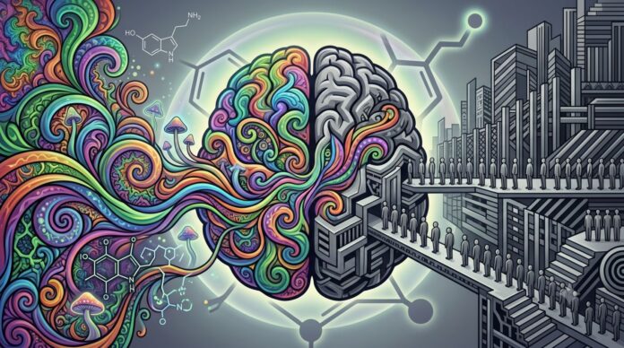 Grafika przedstawiająca połączenie psychodelicznej otwartości umysłu z uporządkowaną strukturą społeczną w kontekście badań nad wpływem psychodelików na poglądy polityczne.