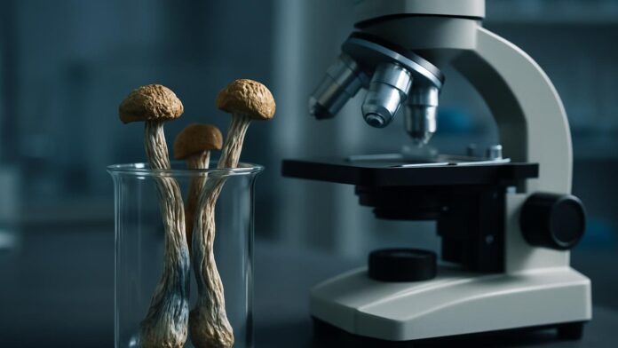 Szklane naczynie z suszonymi grzybami obok mikroskopu na laboratoryjnym blacie. Ilustracja do artykułu „Psylocybina łagodzi jednocześnie ból przewlekły i depresję. Opisano mechanizm”.