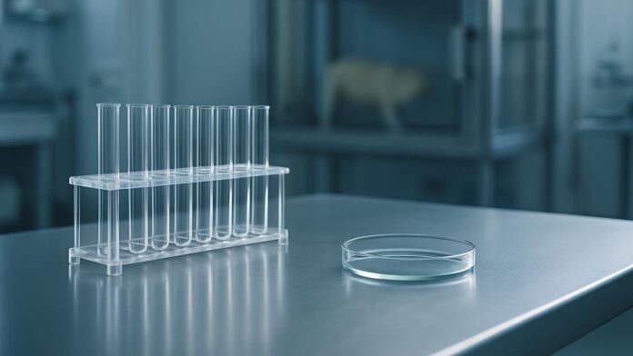 Probówki i szalka Petriego w laboratorium przedklinicznym. Ilustracja do artykułu „25C-NBF — nowy związek psychodeliczny w modelu zwierzęcym