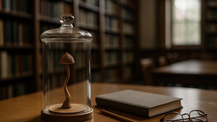 Szklany słój z suszonym okazem grzyba na stole w bibliotece uniwersyteckiej, obok zamknięty notatnik, ołówek i okulary. Ilustracja do artykułu „Psychodeliki a zmiany osobowości. Badanie z Berlina”.