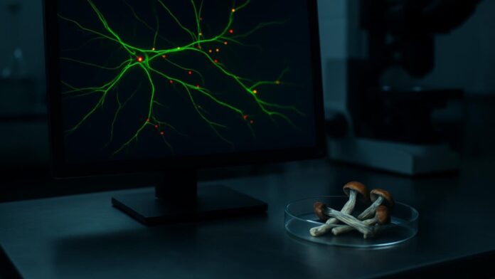 Fluorescencyjny obraz zielonych włókien nerwowych z czerwonymi punktami na ekranie mikroskopu, obok szklana szalka z suszonymi grzybami na laboratoryjnym blacie. Ilustracja do artykułu „Psylocybina a neuropatia obwodowa: trop w mitochondriach”.