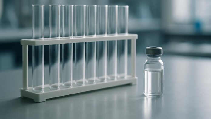 Probówki w statywie i fiolka z roztworem na stole laboratoryjnym. Ilustracja do artykułu „Codzienne, nie cotygodniowe dawkowanie psylocyny obniża kortyzol i lęk u zestresowanych szczurów