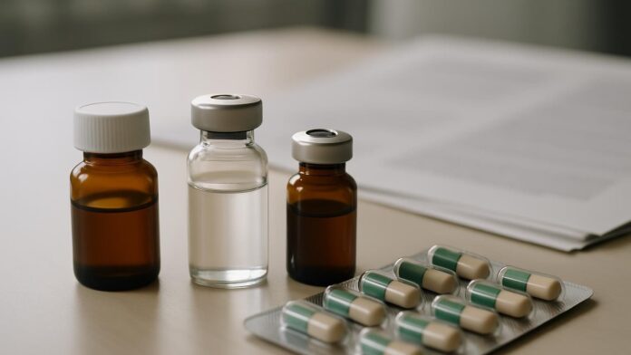 Fiolki farmaceutyczne i blister z kapsułkami na biurku, w tle rozmyty wykres finansowy — ilustracja do artykułu o planach cenowych COMP360.