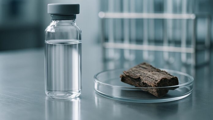 Fiolka badawcza bez etykiety na blacie laboratoryjnym, obok fragment kory rośliny na szalce Petriego. Ilustracja do artykułu „Eli Lilly zainteresowana badaniami nad ibogainą