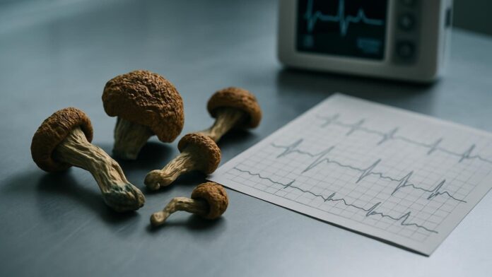 Suszone grzyby psylocybinowe na laboratoryjnym blacie obok wydruku zapisu EKG. Ilustracja do artykułu „Ibogaina: FDA pyta, jak projektować badania kliniczne. Osią pytań jest serce”.