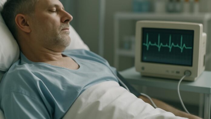 Monitor EKG z zapisem rytmu serca przy łóżku pacjenta w otoczeniu klinicznym, w tle fiolki na szafce — ilustracja do artykułu „Harvard bada ibogainę na opioidy: grant NIDA i limit dla serca