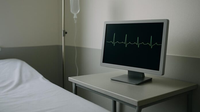 Monitor EKG z zapisem rytmu serca i stojak na kroplówkę w gabinecie klinicznym — ilustracja do artykułu „Ibogaina u weteranów sił specjalnych: rok po jednej dawce (badanie MISTIC)”.
