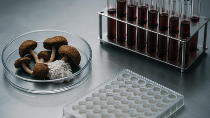 Szalka Petriego z suszonymi kapeluszami grzybów i białą grzybnią obok stojaka z probówkami krwi i płytki do testów immunologicznych na stalowym blacie, czyli materiał z badań nad przeciwzapalnym działaniem psychodelików. Ilustracja do artykułu „Psychodeliki i działanie przeciwzapalne: dowodów jest dużo, ale prawie nie u ludzi”.