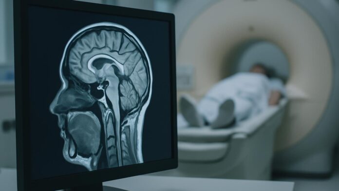 Obraz mózgu z rezonansu magnetycznego na monitorze w pracowni badawczej, w tle skaner MRI. Ilustracja do artykułu „Psylocybina łagodzi sen przy klasterowym bólu głowy — duńskie badanie”.