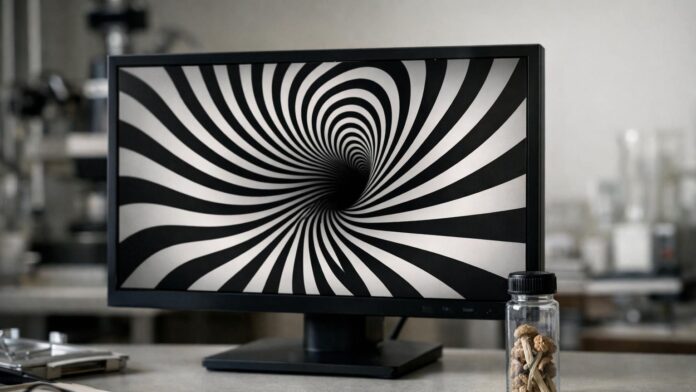 Ekran z abstrakcyjnym wzorem optycznym na biurku laboratorium percepcji, obok niego mała fiolka z suszonymi grzybami psylocybinowymi. Ilustracja do artykułu „Psylocybina wzmacnia iluzję wzrokową, mikrodawki LSD w tym teście nie dają efektu”.