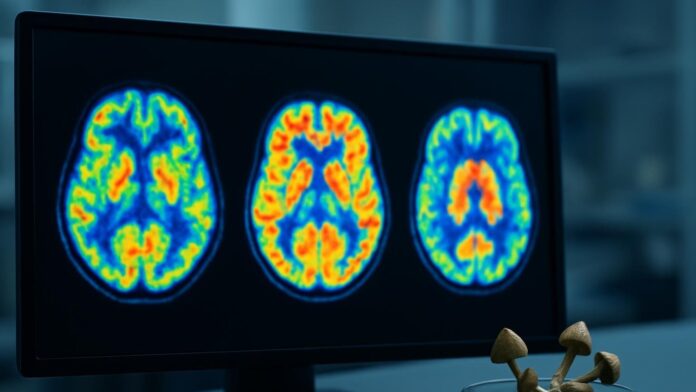 Trzy kolorowe skany PET mózgu obok siebie na monitorze w laboratorium, z suszonymi grzybami widocznymi w tle. Ilustracja do artykułu „Psylocybina, LSD i 2C-B: różne wzorce w mózgu szczura