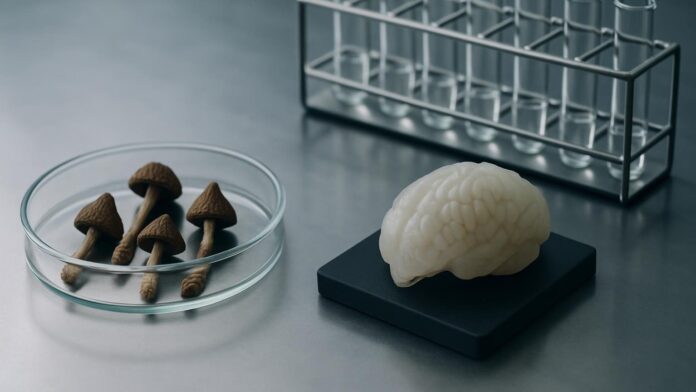 Szklana szalka z suszonymi kapeluszami grzybów i półprzezroczysty model mózgu gryzonia na stalowym blacie laboratoryjnym, obok metalowy stojak z fiolkami. Ilustracja do artykułu „Psylocybina a uraz głowy: badanie na szczurach, nie u ludzi”.